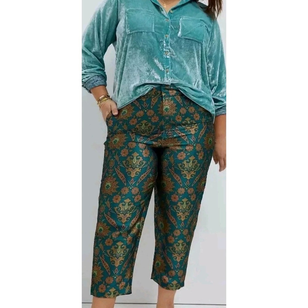 Anthropologie Maeve‎ Melyssa Jacquard Green Paisley Cropped Pants Size S